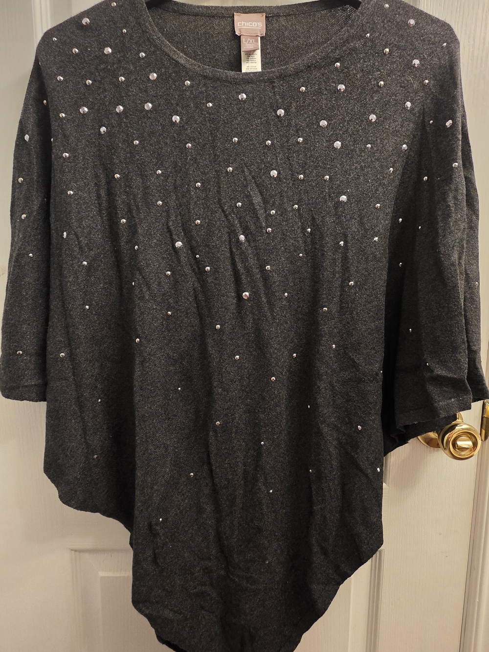 Chico's Dark Charcoal Embellished Knit Poncho